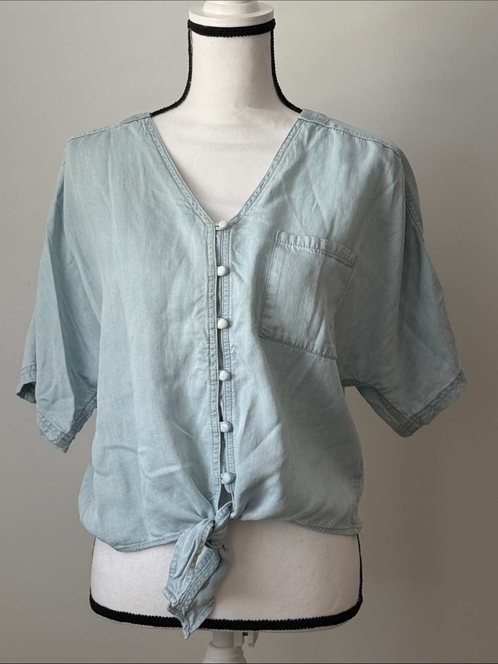 Harper Light Blue Lightweight Denim Button Front Tie Top